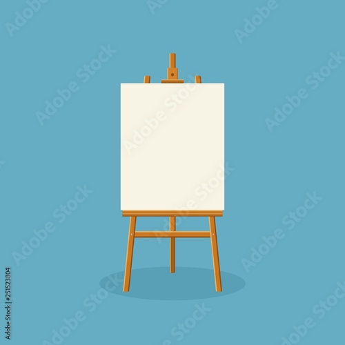Wood easel or painting art board with white canvas on blue background. Easel with paper sheets. Artwork blank poster mockup. Vector illustration
