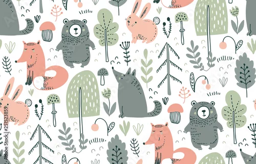 Tapety Wektor wzór z ręcznie rysowane dzikich zwierząt leśnych,