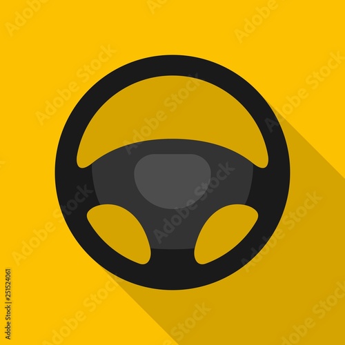Steering wheel icon isolated on yellow background. Car wheel control silhouette, Black auto part driving in flat style. Vector illustration