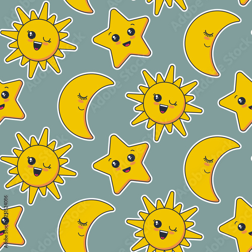 Vector seamless pattern with cute smiling sun, moon, star faces.