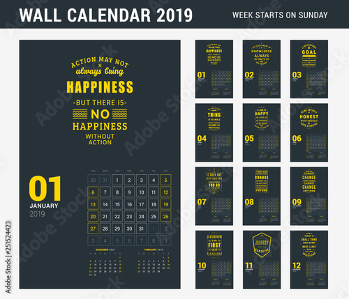 Wall calendar template for 2019 year. Set of 12 pages. Vector design print template with typographic motivational quote. Week starts on Sunday