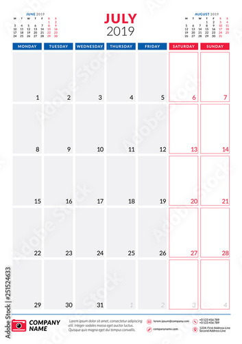 July 2019. Calendar planner stationery design template. Portrait orientation. Week starts on Monday