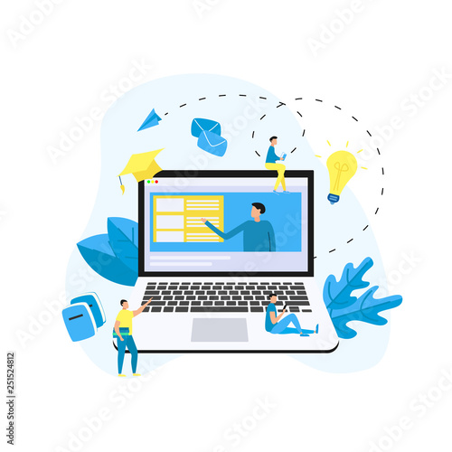 Online education or web course in laptop monitor with distance teacher. E-learning concept.