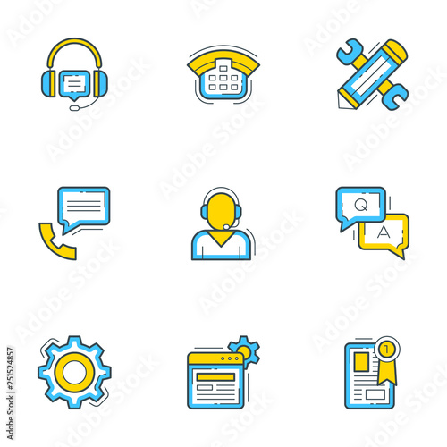 Set of 9 flat line business icons. Help andf support. Flat line illustration concept for web banner and printed materials. Vector illustration