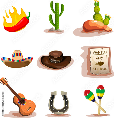 Mexico icons set. Set of 9 elements: hat, cactus, guitar, stones, horseshoe, wanted poster, pepper. Set of elements of the wild West. Vector illustration.