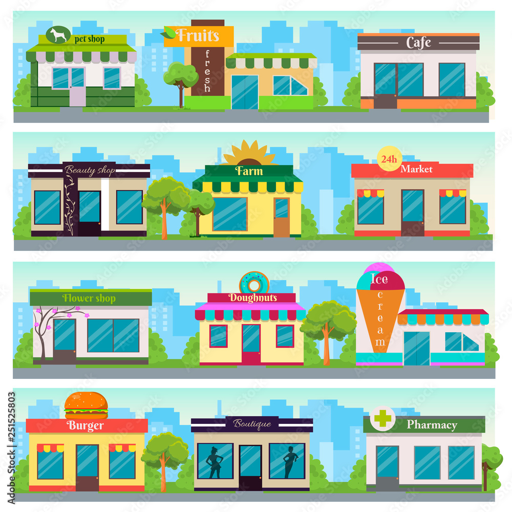 Obraz premium Set of vector flat design shops facade icons. The set contains: pet store, fresh fruit shop, cafe, beauty salon, farm shop, 24h shop, flower shop, donuts, ice cream, burgers, boutique, pharmacy.