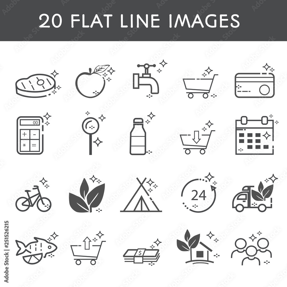 Fototapeta premium 20 flat line icon. Simple icons about products, shop, delivery and ecology. Vector illustration.Vector illustration.