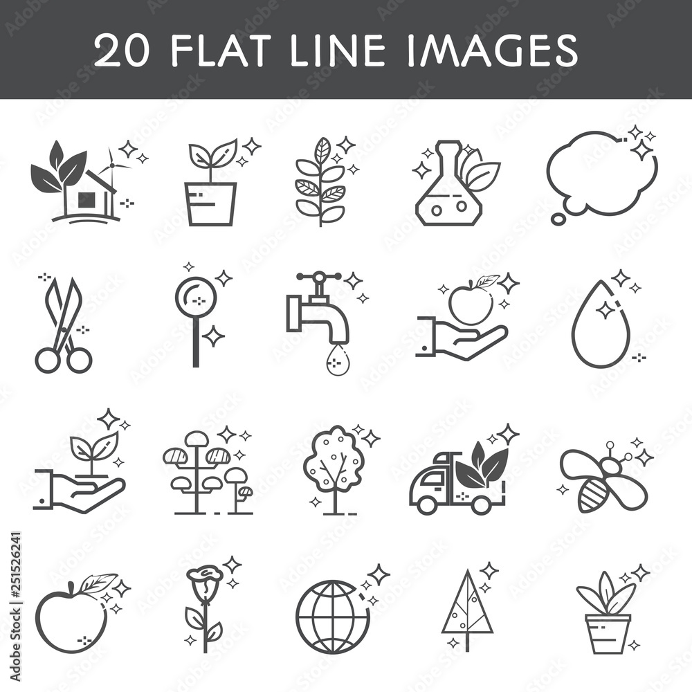 Set 20 flat line icon. Simple icons about products, delivery, plants, planting, caring and ecology. Vector illustration.Vector illustration. Set 20 flat line icon. Simple icons about products, delivery, plants, planting, caring and ecology. Vector illustration.Vector illustration.