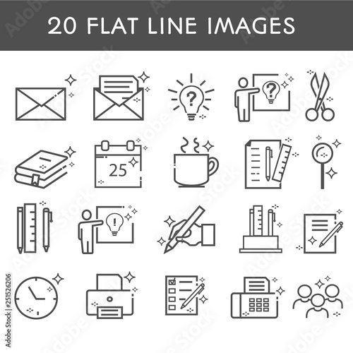 20 flat line icon. Simple icons about creative professions. Сoworking. Office work. Clock, letter, group of people, books, folders. Vector illustration.