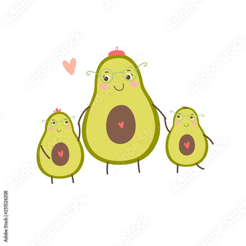 Vector print with avocado. Avocado mother, avocado  daughter and avocado son.