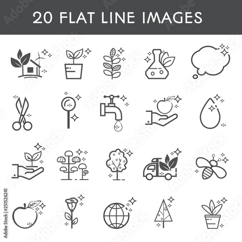 Set 20 flat line icon. Simple icons about products, delivery, plants, planting, caring and ecology. Vector illustration.Vector illustration.
