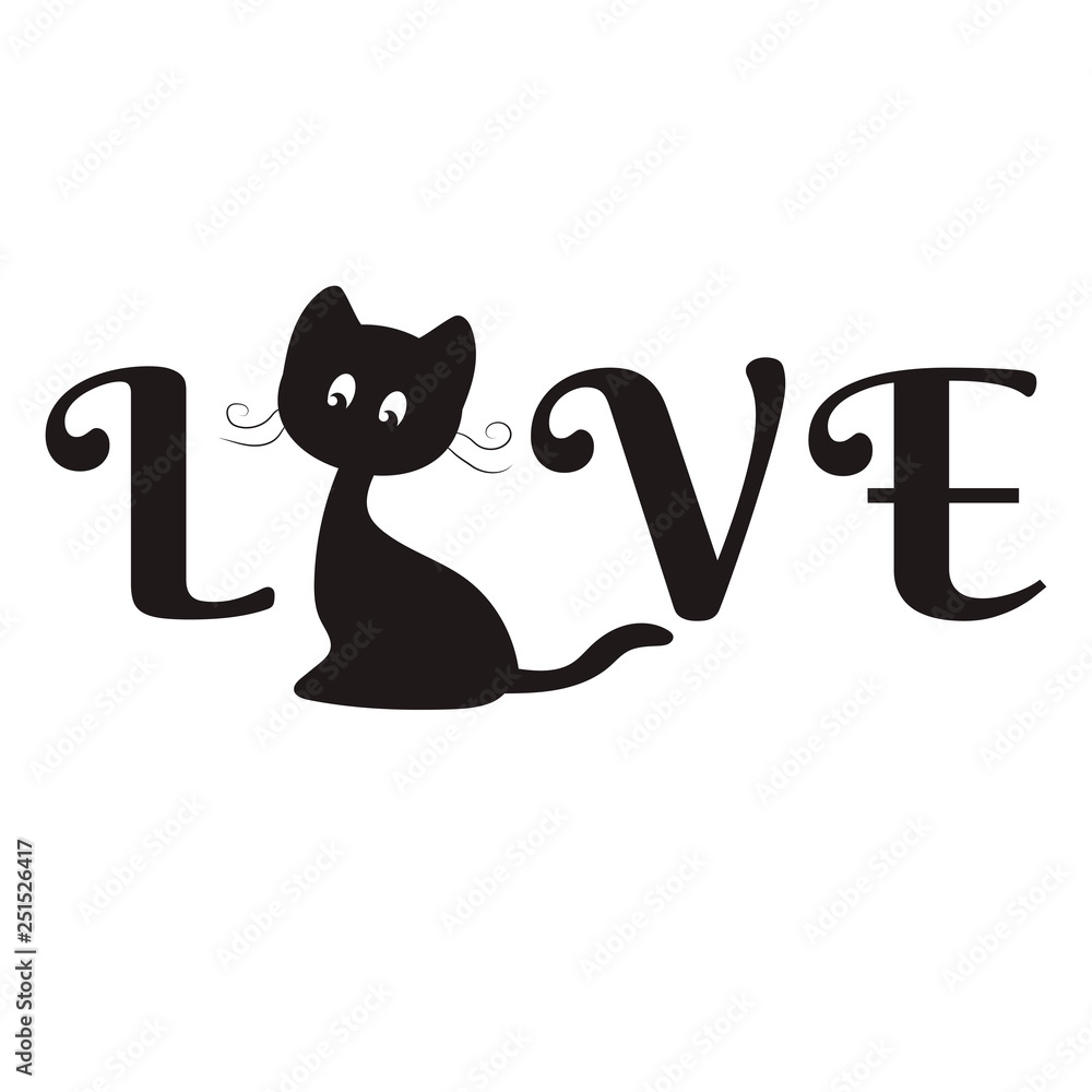 Fototapeta premium Cute black cat-slogan Love. Print for t-shirts and textiles. Sticker. Vector illustration.