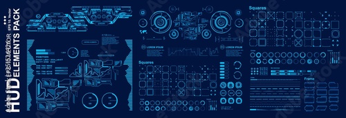 HUD elements mega set pack. Dashboard blue display virtual reality technology screen. Futuristic blue user interface.