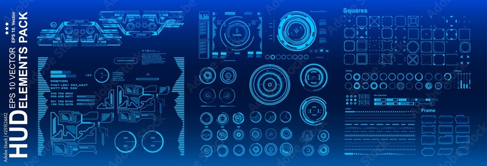 HUD elements mega set pack. Dashboard blue display virtual reality technology screen. Futuristic blue user interface. HUD elements mega set pack. Dashboard blue display virtual reality technology screen. Futuristic blue user interface.
