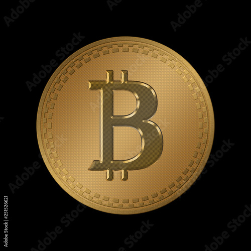 Golden coin with bitcoin symbol isolated on black background. Physical bit coin. Digital currency.