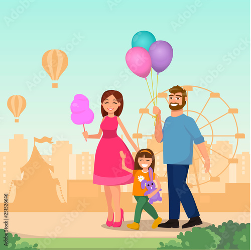 A vector illustration of a happy family recreation in the amusement park. The family is on the road. Circus. Vector illustration.