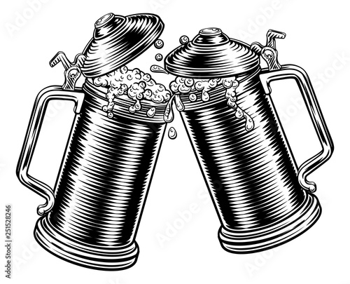 Two beer stein German Oktoberfest pint tankard mugs in a retro vintage intaglio woodcut engraved style
