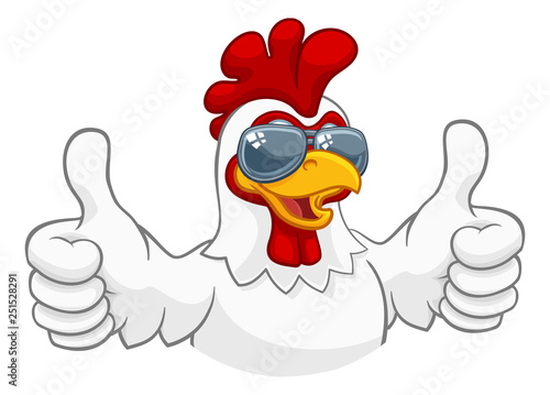 A chicken rooster cockerel bird cartoon character in cool shades or sunglasses giving a double thumbs up