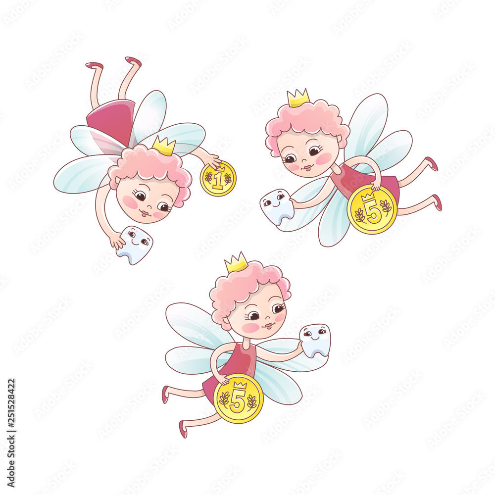Tooth fairy with a baby milk tooth and coin. Tooth fairy girl flying Fantastic vector illustration in cartoon style isolated on white background.