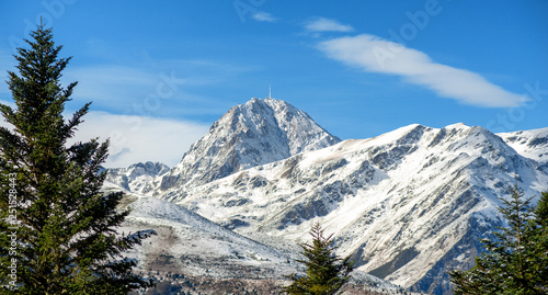 view of Pic du Midi de Bigorre in the french Pyrenees with snow