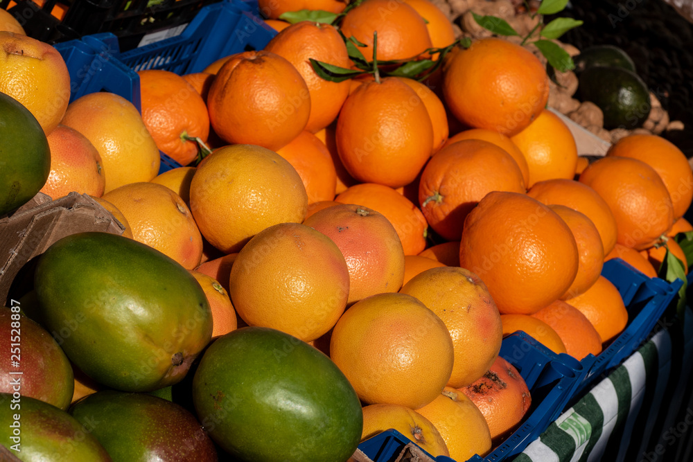fresh organic oranges on the market place