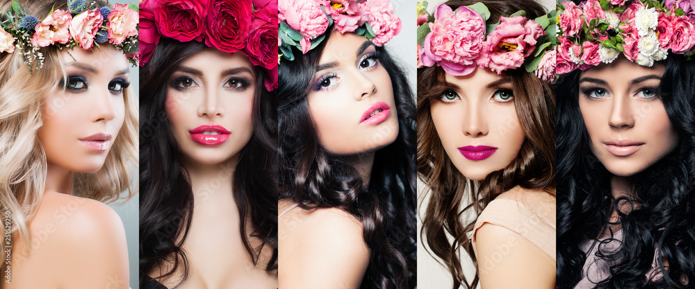 Obraz premium Beautiful women face set. Colorful flowers, makeup and long curly hair. Blossoms beauty bright colorful portraits
