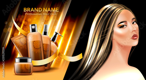 Background with professional hair care products and beautiful asian model with long blonde hair