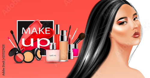 Beauty and cosmetics background with different products, smears lipstick and asian model with black long hair