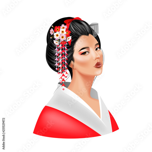 Beautiful japanese maiko girl with traditional flowers in hair isolated on white background