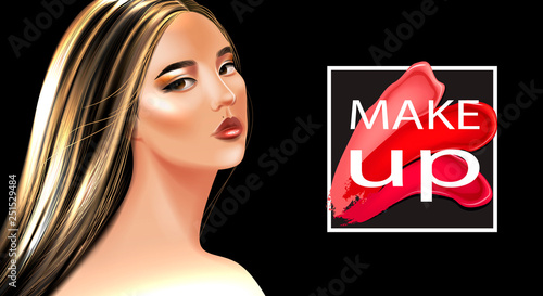 Beauty and cosmetics background with smears lipstick and asian model with blonde hair