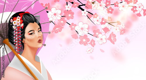 Background with beautiful maiko girl, sakura and umbrella