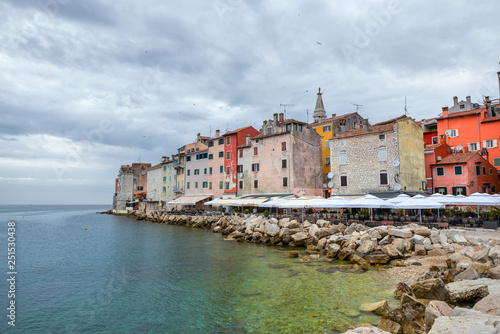 Coastal town of Rovinj, Istria, Croatia. Rovinj - beautiful antique city, yachts and Adriatic Sea.