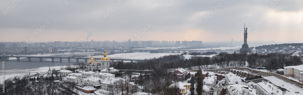 Winter view on Kiev, river Dnieper and The Motherland Monument Kyiv, Ukraine