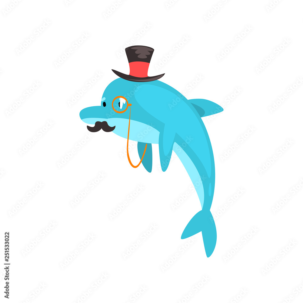 Dolphin with Mustache Swimming Wearing Black Top Hat and Retro Glasses,  Cartoon Humanized Sea Animal Character Vector Illustration Stock Vector |  Adobe Stock