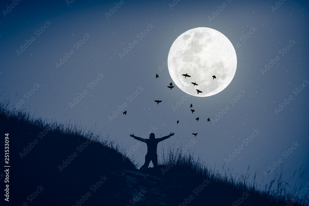 Fototapeta premium Copy space man raise hand up on top of mountain and birds fly with full moon abstract background.