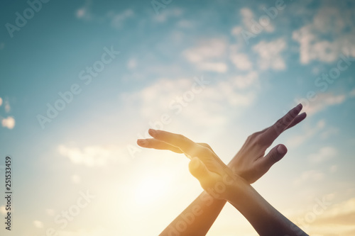 Canvas Print Woman hand sharp bird fly on sunset sky and white clouds abstract background