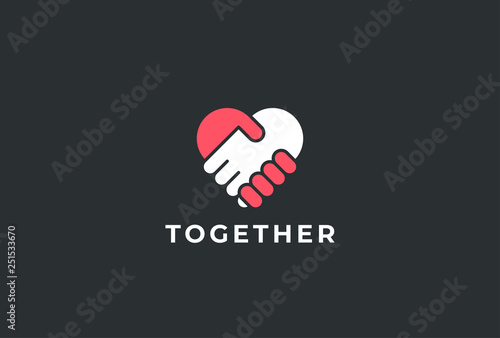 Two hands together. Heart symbol. Handshake icon, logo, symbol, design template