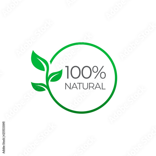 100% natural, round label green stamp. Natural product symbol, vector illustration isolated on white background 
