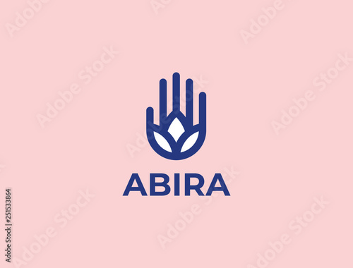 Hand and lotus flover spa resort vector logotype. Creative beauty massage salon logo design. 