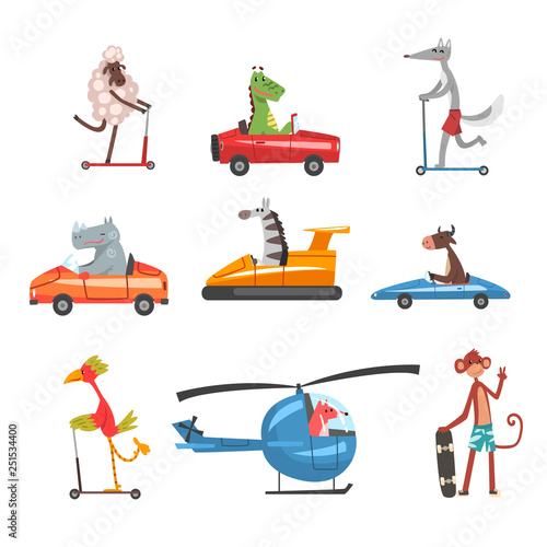 Collection of Funny Animal Characters Using Various Types of Vehicles, Rabbit, Dragon, Hippo, Zebra, Cow, Bird, Fox, Monkey on Cars, Skateboards, Kick Scooters, Helicopter Vector Illustration
