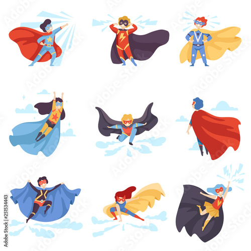 Cute Kids Wearing Superhero Costumes Set, Super Children Characters in Masks and Capes Vector Illustration