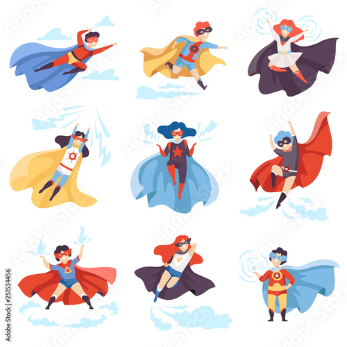 Cute Kids Wearing Superhero Costumes Set, Super Children Characters in Masks and Capes in Different Pose Vector Illustration