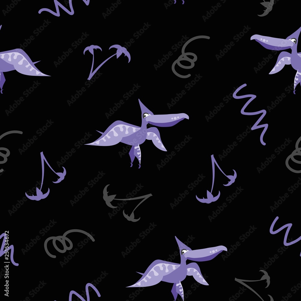 Obraz premium Seamless dinosaur pattern. Animal black background with purple dino. Vector illustration.