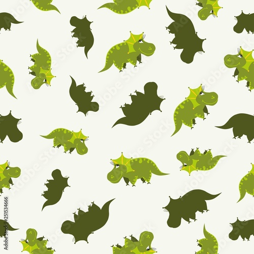 Seamless dinosaur pattern. Animal white background with green dino. Vector illustration.