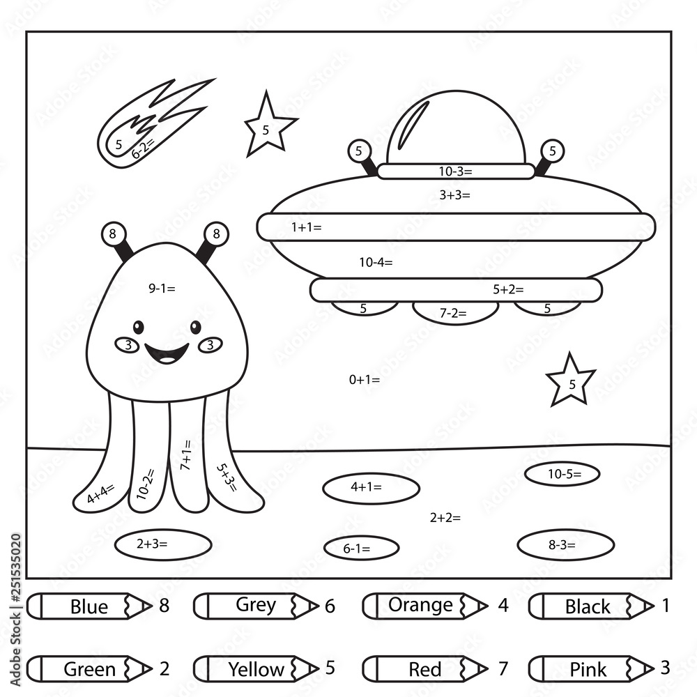 Educational coloring page for kids. Paint color by subtraction and addition  numbers. Cute cartoon kawaii alien and UFO. Space theme. Vector  illustration. vector de Stock | Adobe Stock