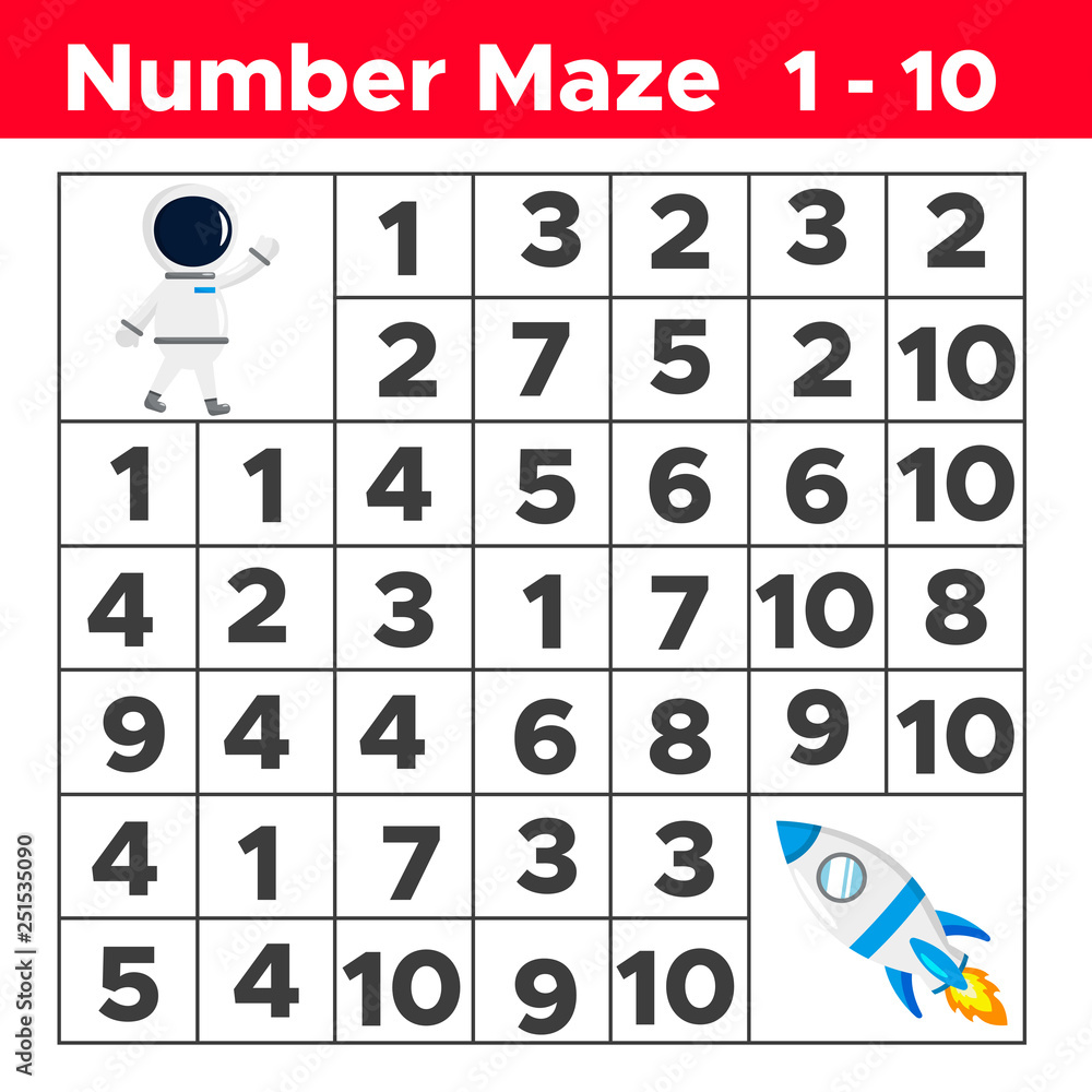 Number maze, math puzzle game for children. Help the astronaut find way to  the rocket. Counting from one to ten. Worksheet for preschool and school  kids. Vector illustration. Векторный объект Stock |