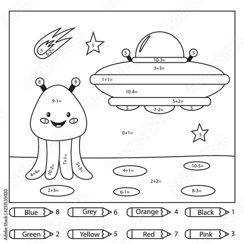 Educational coloring page for kids. Paint color by subtraction and addition numbers. Cute cartoon kawaii alien and UFO. Space theme. Vector illustration.