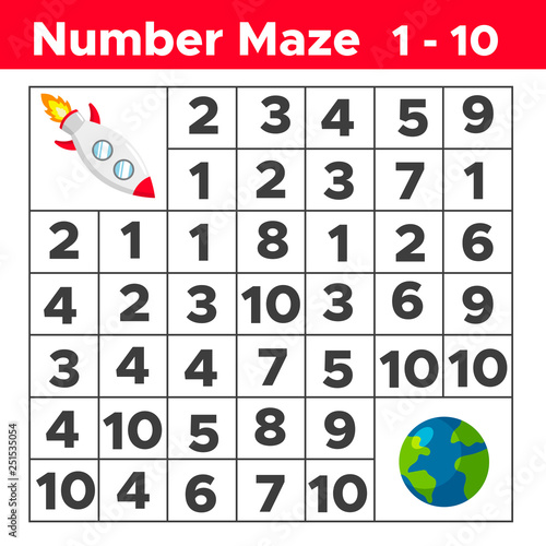 Number maze, math puzzle game for children. Help the rocket find way to the earth. Counting from one to ten. Worksheet for preschool and school kids. Vector illustration.
