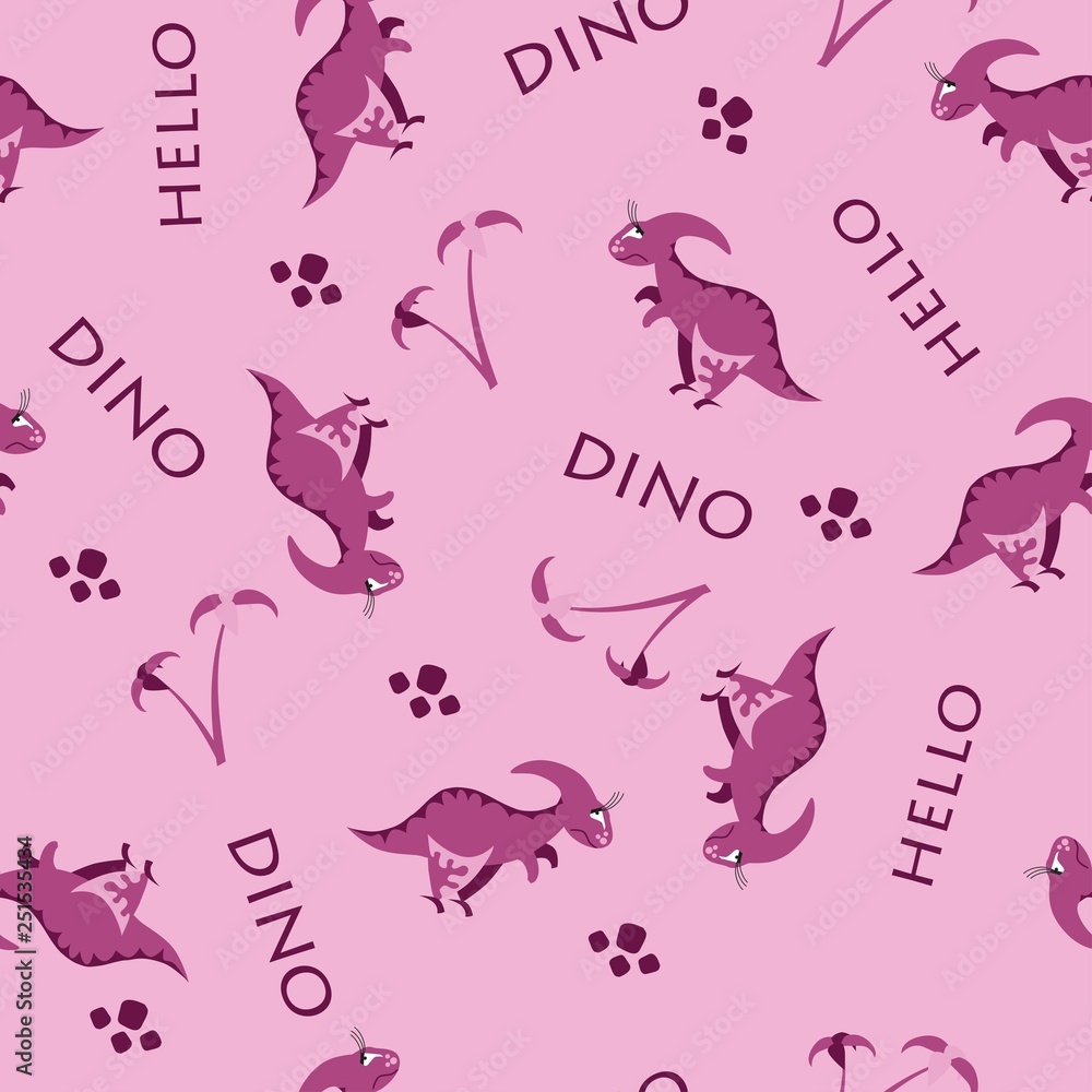 Seamless dinosaur pattern. Animal pink background with dark pink dino. Vector illustration.