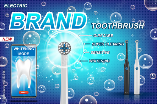 Electric toothbrush ads. vibrant brush with mobile dental app. Tooth model and product package design concept. 3d Vector illustration.